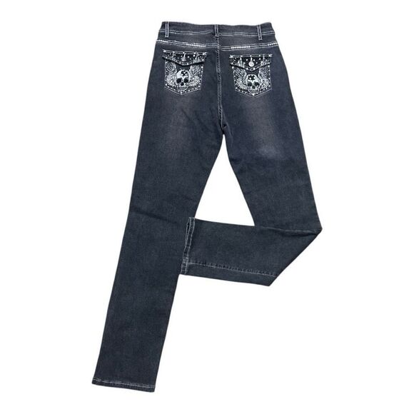 Women Grey Skull Wings Rhinestone Embroidered Stretch Denim Straight Jeans M - Picture 10 of 10